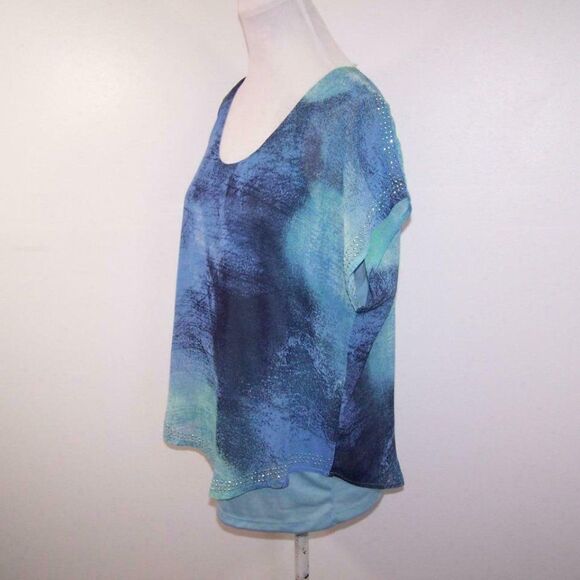 World Unity Shirt Top Medium Chiffon Overlay Studded Scoop Neck Layered Blue - Picture 5 of 8